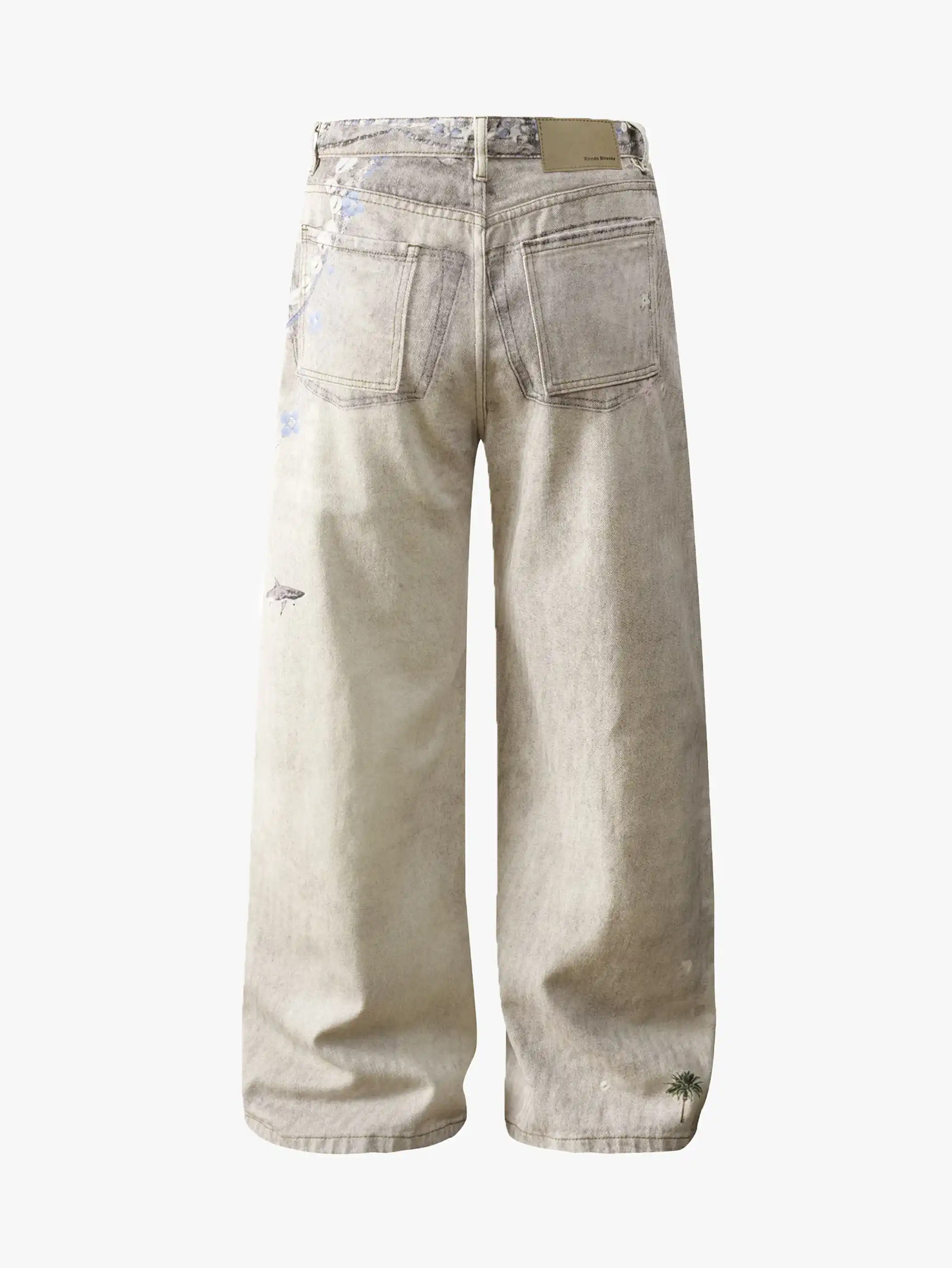 Beige Wide Leg Vintage Printed Jeans-S1026 - Image 3