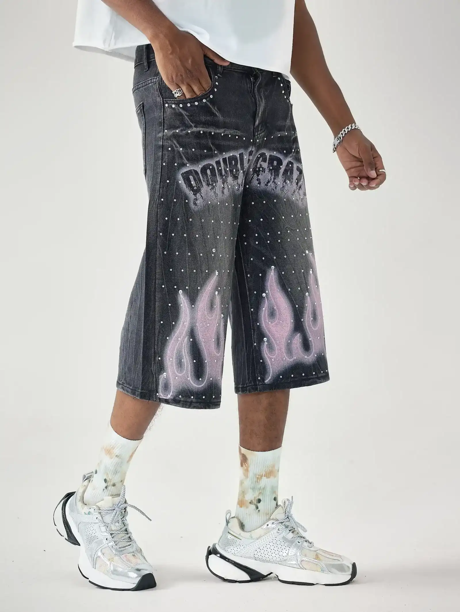 Double Crazy Flames Denim Shorts-199 - Image 3