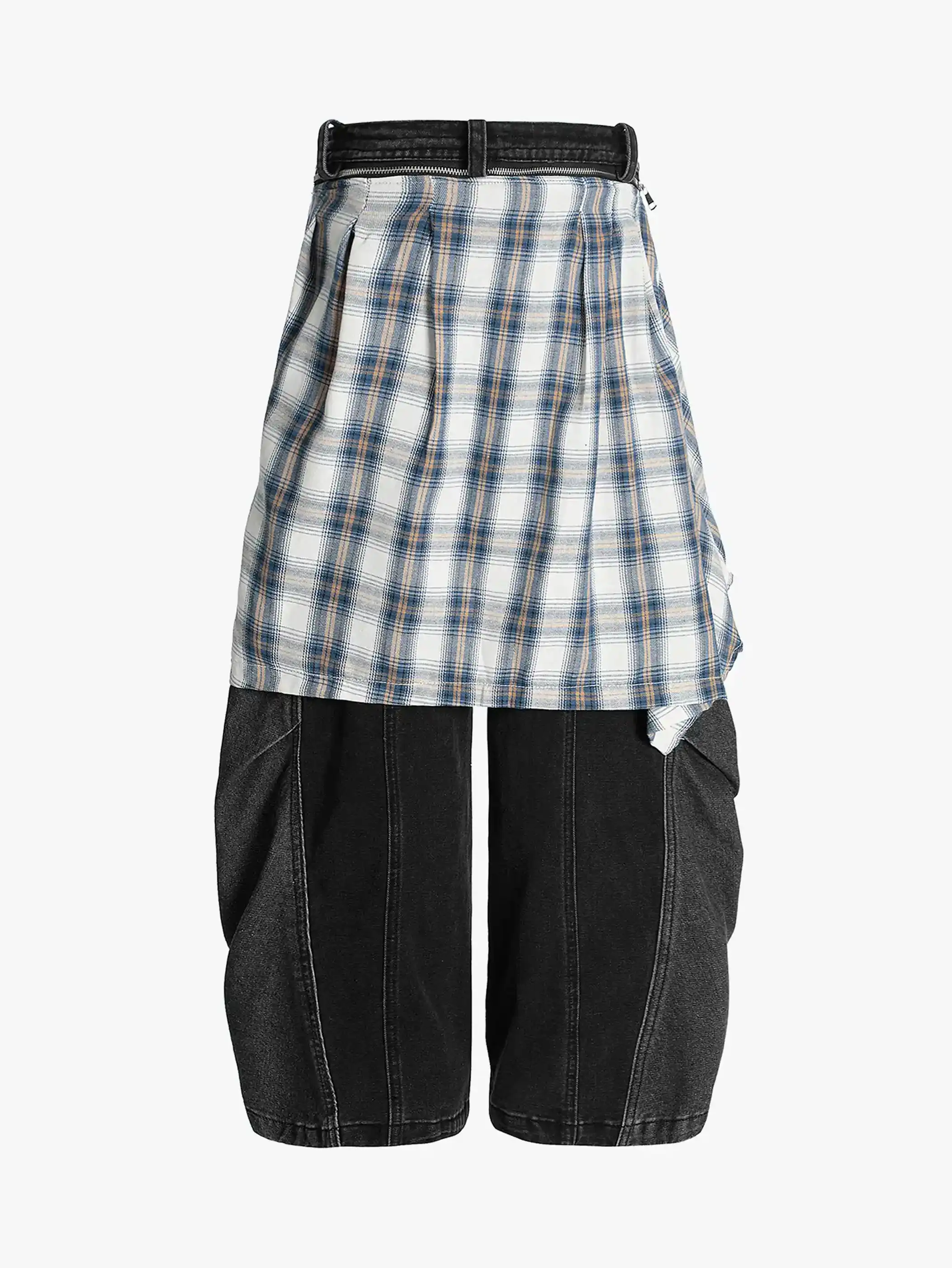 Plaid Shirt Layered Skirt Style Denim Pants-S1021 - Image 3
