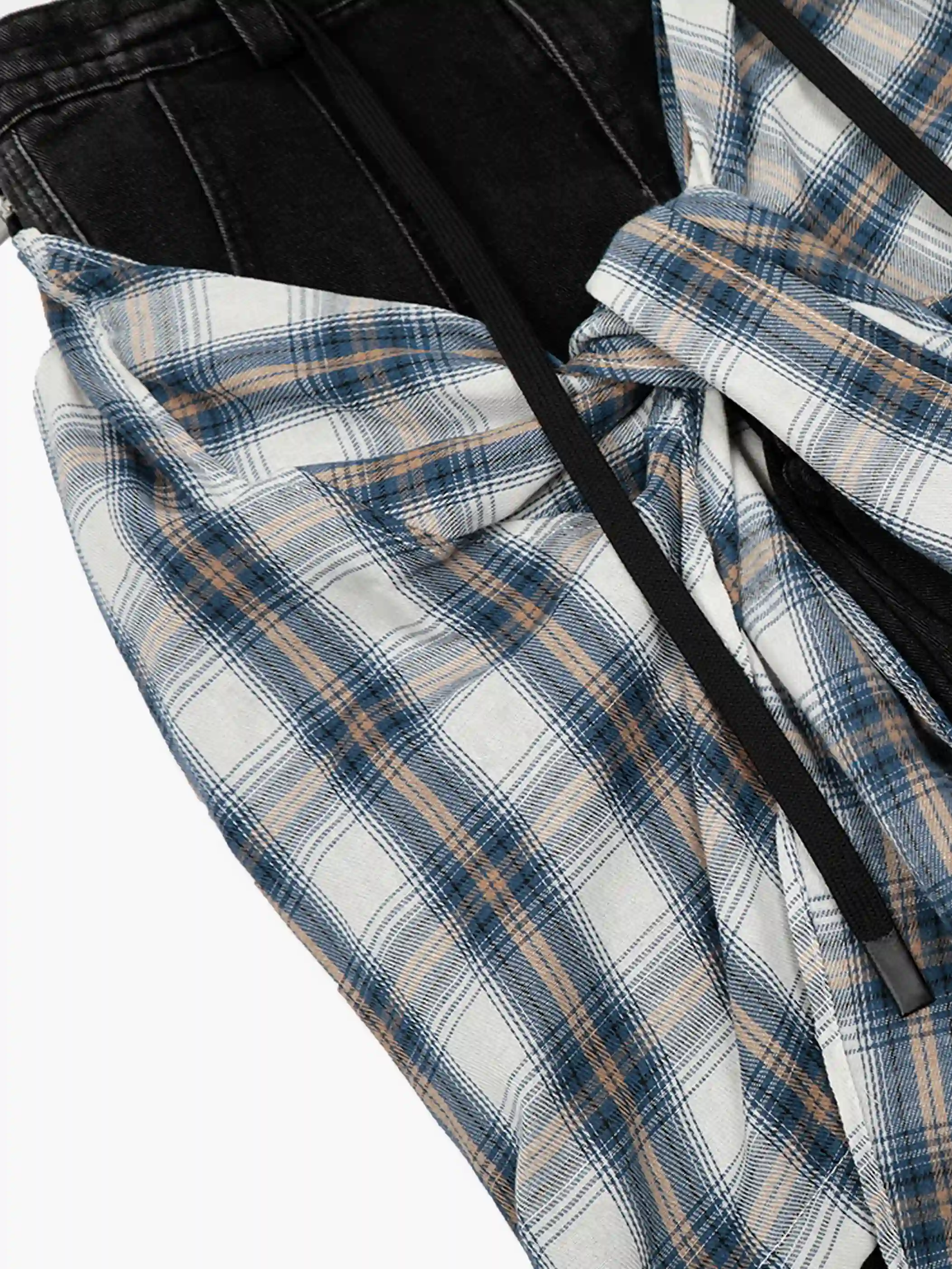 Plaid Shirt Layered Skirt Style Denim Pants-S1021 - Image 4